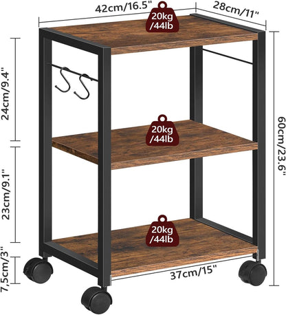 Printer Stand, 3-Tier Under Desk Rolling Cart with Storage Shelf, Heavy Duty Printer Table with Wheels for Home Office, Printer Shelf with 2 Hooks, for Small Spaces, Black PTHB4001V