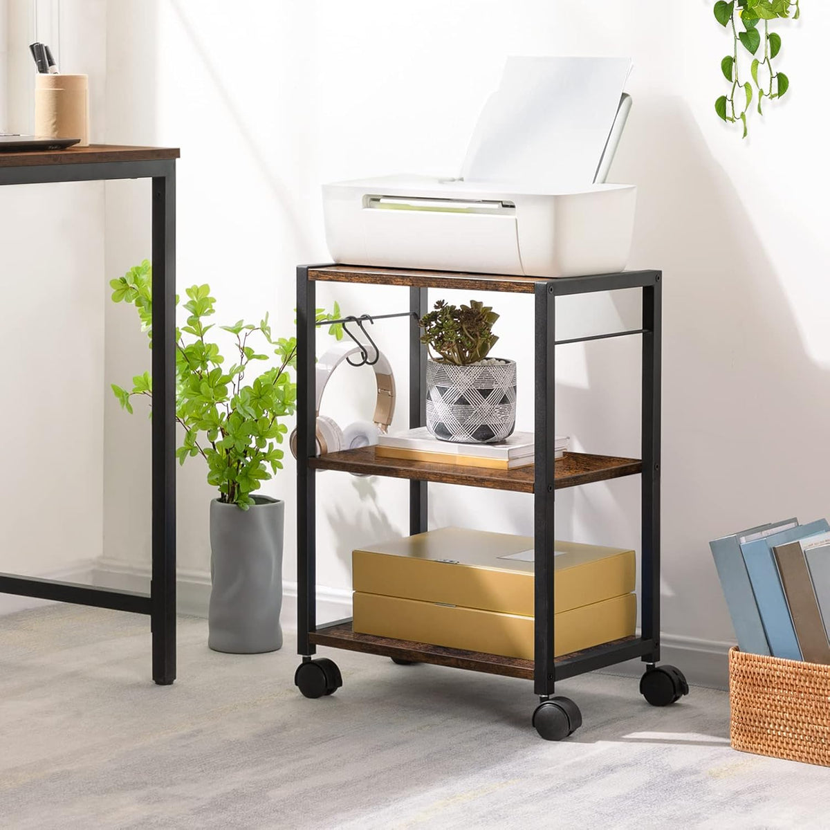 Printer Stand, 3-Tier Under Desk Rolling Cart with Storage Shelf, Heavy Duty Printer Table with Wheels for Home Office, Printer Shelf with 2 Hooks, for Small Spaces, Black PTHB4001V