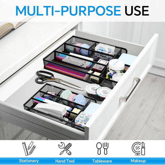 Desk Drawer Organizer, Office Drawer Divider Organizer Tray with 6 Compartments, Metal Mesh Desktop Organization and Accessories for Stationery Makeup Kitchen Toolroom School ＆Office, 12.6x8.27x1.6 in