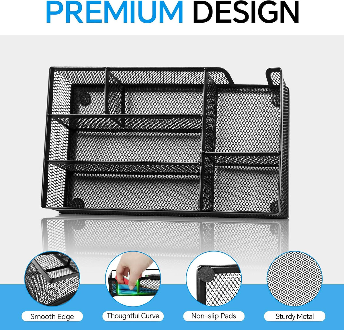 Desk Drawer Organizer, Office Drawer Divider Organizer Tray with 6 Compartments, Metal Mesh Desktop Organization and Accessories for Stationery Makeup Kitchen Toolroom School ＆Office, 12.6x8.27x1.6 in