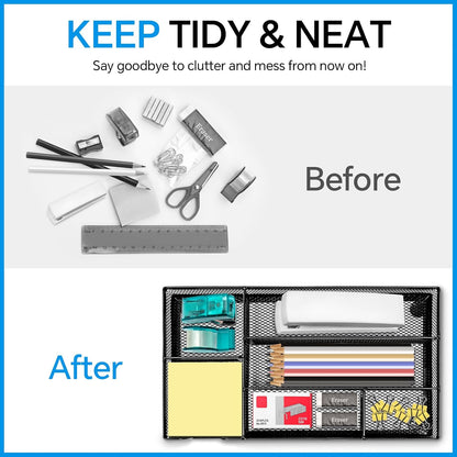 Desk Drawer Organizer, Office Drawer Divider Organizer Tray with 6 Compartments, Metal Mesh Desktop Organization and Accessories for Stationery Makeup Kitchen Toolroom School ＆Office, 12.6x8.27x1.6 in