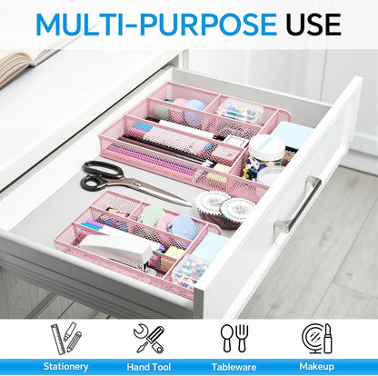 Desk Drawer Organizer, Office Drawer Divider Organizer Tray with 6 Compartments, Metal Mesh Desktop Organization and Accessories for Stationery Makeup Kitchen Toolroom School ＆Office, 12.6x8.27x1.6 in