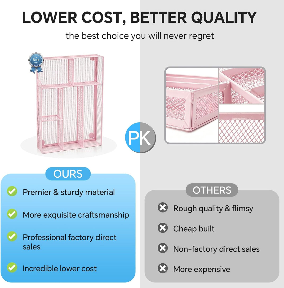 Desk Drawer Organizer, Office Drawer Divider Organizer Tray with 6 Compartments, Metal Mesh Desktop Organization and Accessories for Stationery Makeup Kitchen Toolroom School ＆Office, 12.6x8.27x1.6 in