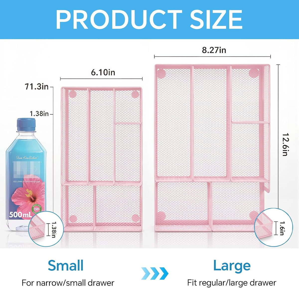 Desk Drawer Organizer, Office Drawer Divider Organizer Tray with 6 Compartments, Metal Mesh Desktop Organization and Accessories for Stationery Makeup Kitchen Toolroom School ＆Office, 12.6x8.27x1.6 in