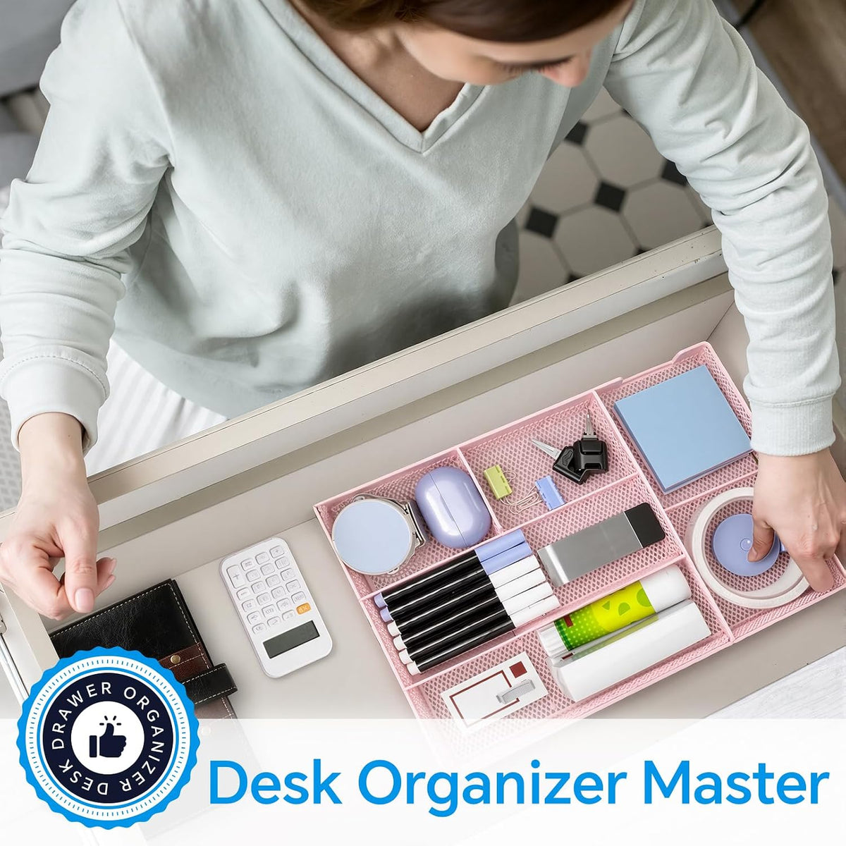 Desk Drawer Organizer, Office Drawer Divider Organizer Tray with 6 Compartments, Metal Mesh Desktop Organization and Accessories for Stationery Makeup Kitchen Toolroom School ＆Office, 12.6x8.27x1.6 in