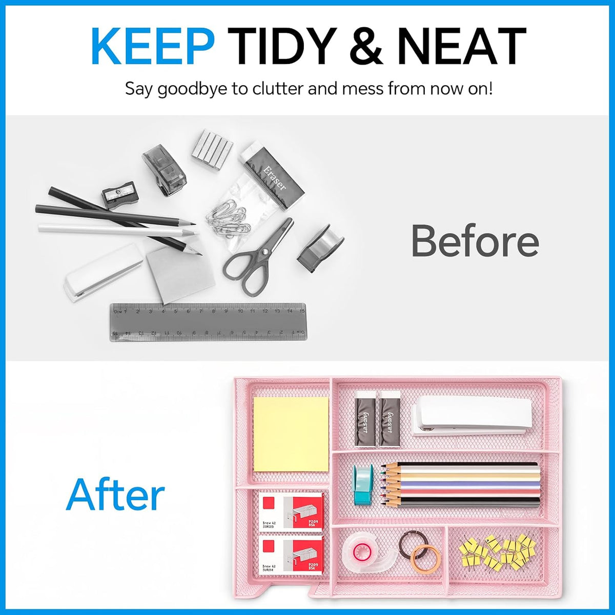 Desk Drawer Organizer, Office Drawer Divider Organizer Tray with 6 Compartments, Metal Mesh Desktop Organization and Accessories for Stationery Makeup Kitchen Toolroom School ＆Office, 12.6x8.27x1.6 in