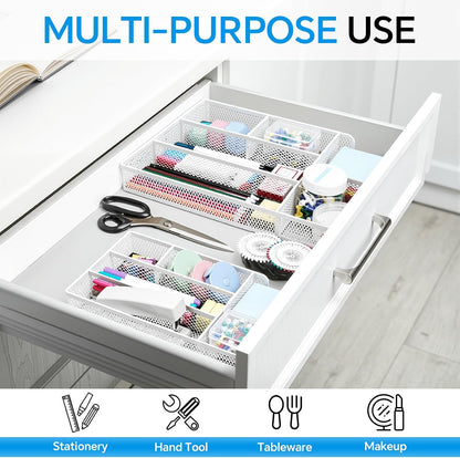 Desk Drawer Organizer, Office Drawer Divider Organizer Tray with 6 Compartments, Metal Mesh Desktop Organization and Accessories for Stationery Makeup Kitchen Toolroom School ＆Office, 12.6x8.27x1.6 in