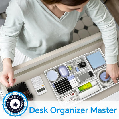 Desk Drawer Organizer, Office Drawer Divider Organizer Tray with 6 Compartments, Metal Mesh Desktop Organization and Accessories for Stationery Makeup Kitchen Toolroom School ＆Office, 12.6x8.27x1.6 in