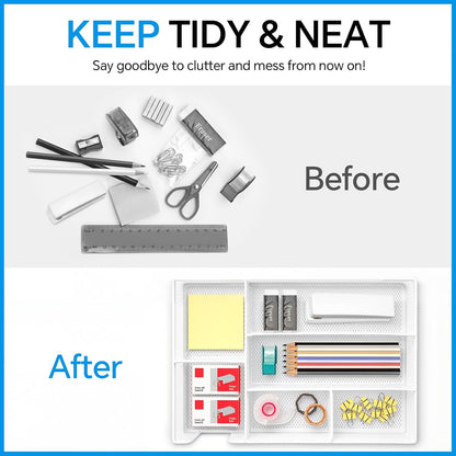 Desk Drawer Organizer, Office Drawer Divider Organizer Tray with 6 Compartments, Metal Mesh Desktop Organization and Accessories for Stationery Makeup Kitchen Toolroom School ＆Office, 12.6x8.27x1.6 in