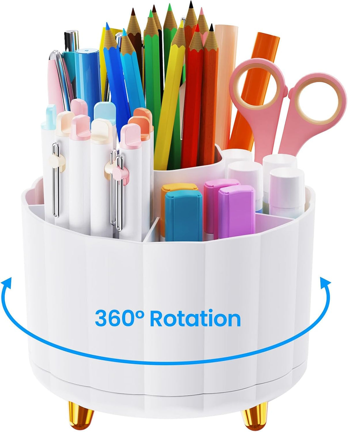 360 Rotating Pencil Pen Holder for Desk, White Pen Organizer with 6 Slots, Cute Office Supplies, Desk Accessories for Office, School, Home
