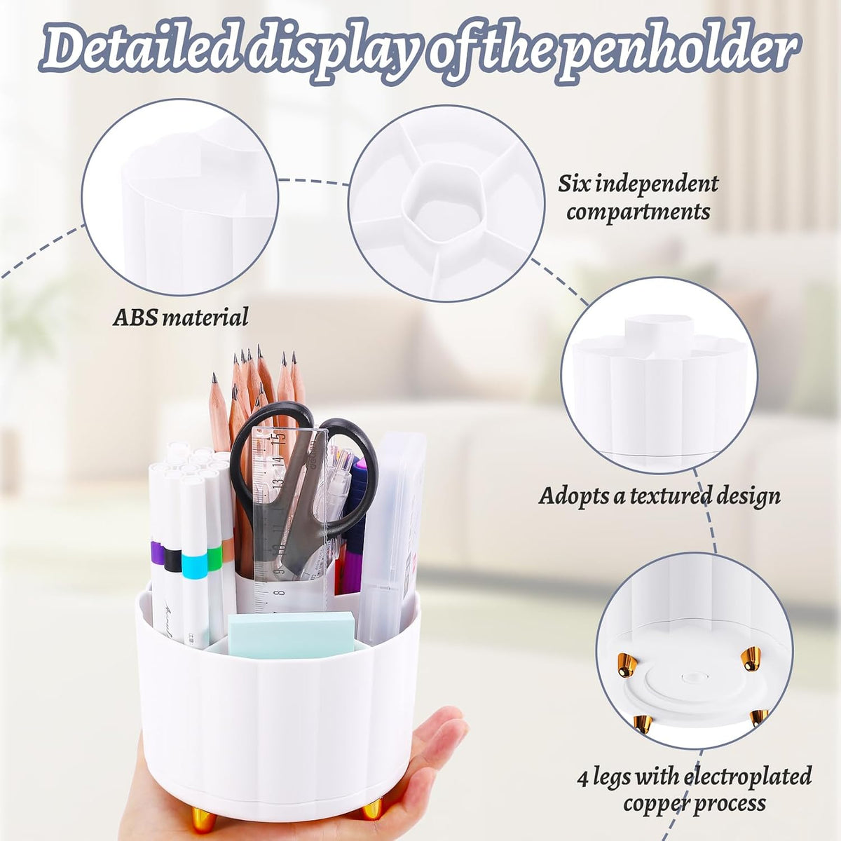 360 Rotating Pencil Pen Holder for Desk, White Pen Organizer with 6 Slots, Cute Office Supplies, Desk Accessories for Office, School, Home