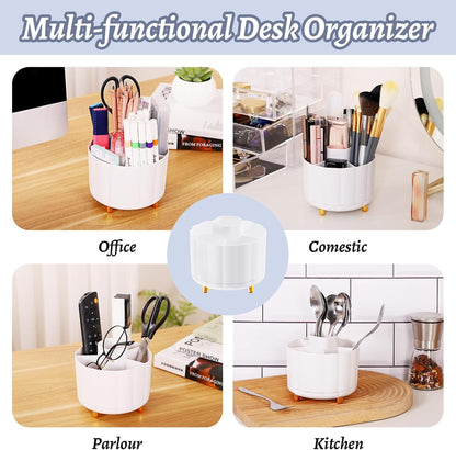 360 Rotating Pencil Pen Holder for Desk, White Pen Organizer with 6 Slots, Cute Office Supplies, Desk Accessories for Office, School, Home