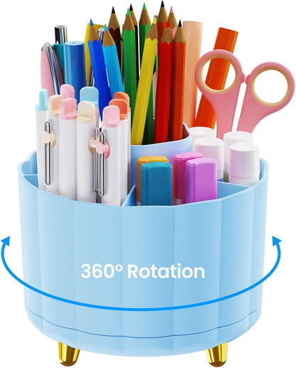 360 Rotating Pencil Pen Holder for Desk, White Pen Organizer with 6 Slots, Cute Office Supplies, Desk Accessories for Office, School, Home