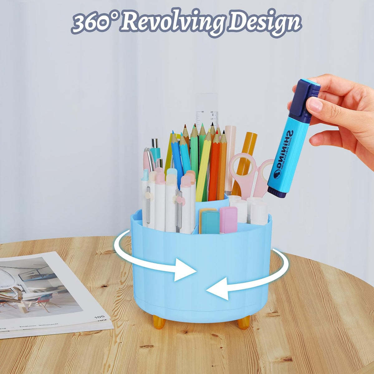360 Rotating Pencil Pen Holder for Desk, White Pen Organizer with 6 Slots, Cute Office Supplies, Desk Accessories for Office, School, Home