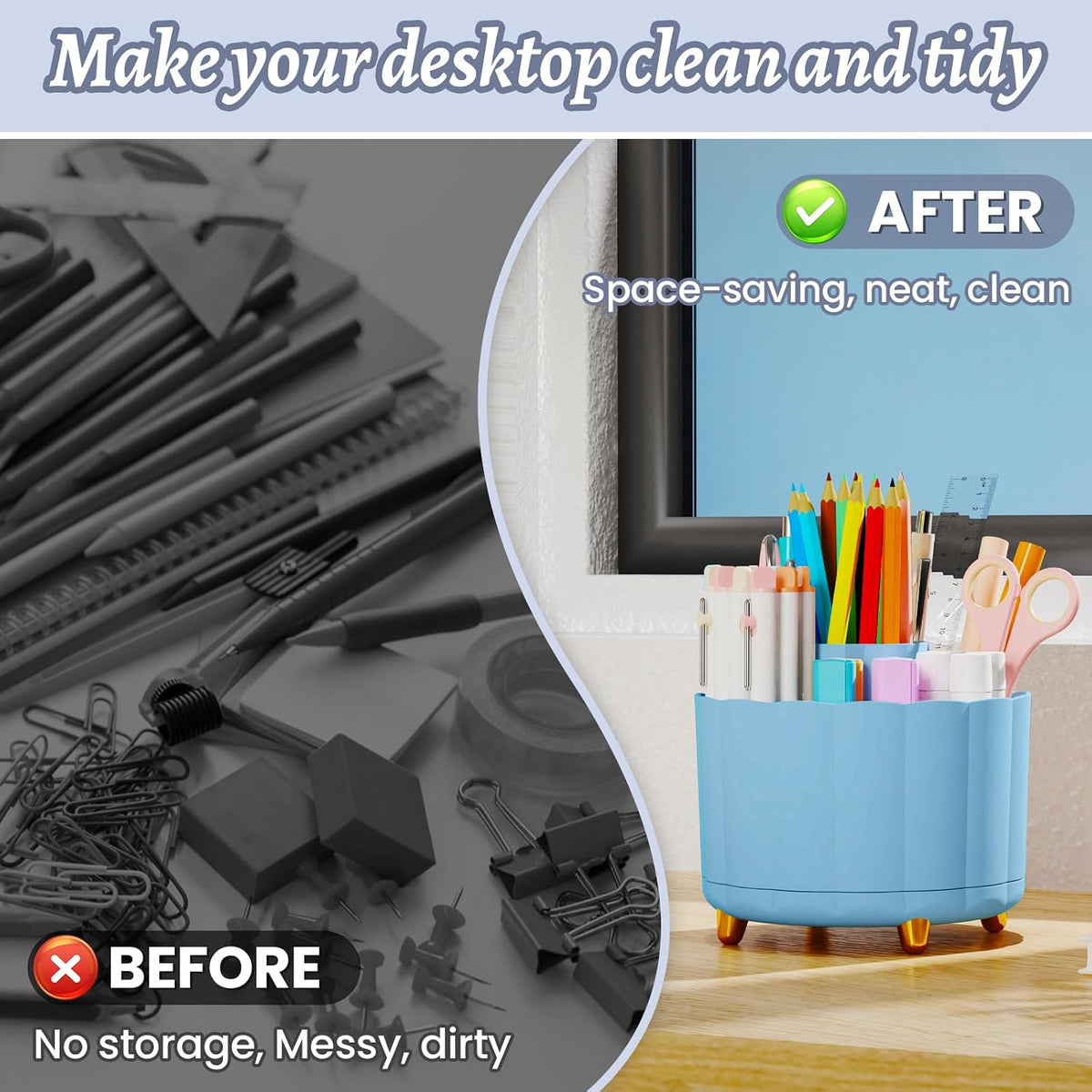360 Rotating Pencil Pen Holder for Desk, White Pen Organizer with 6 Slots, Cute Office Supplies, Desk Accessories for Office, School, Home