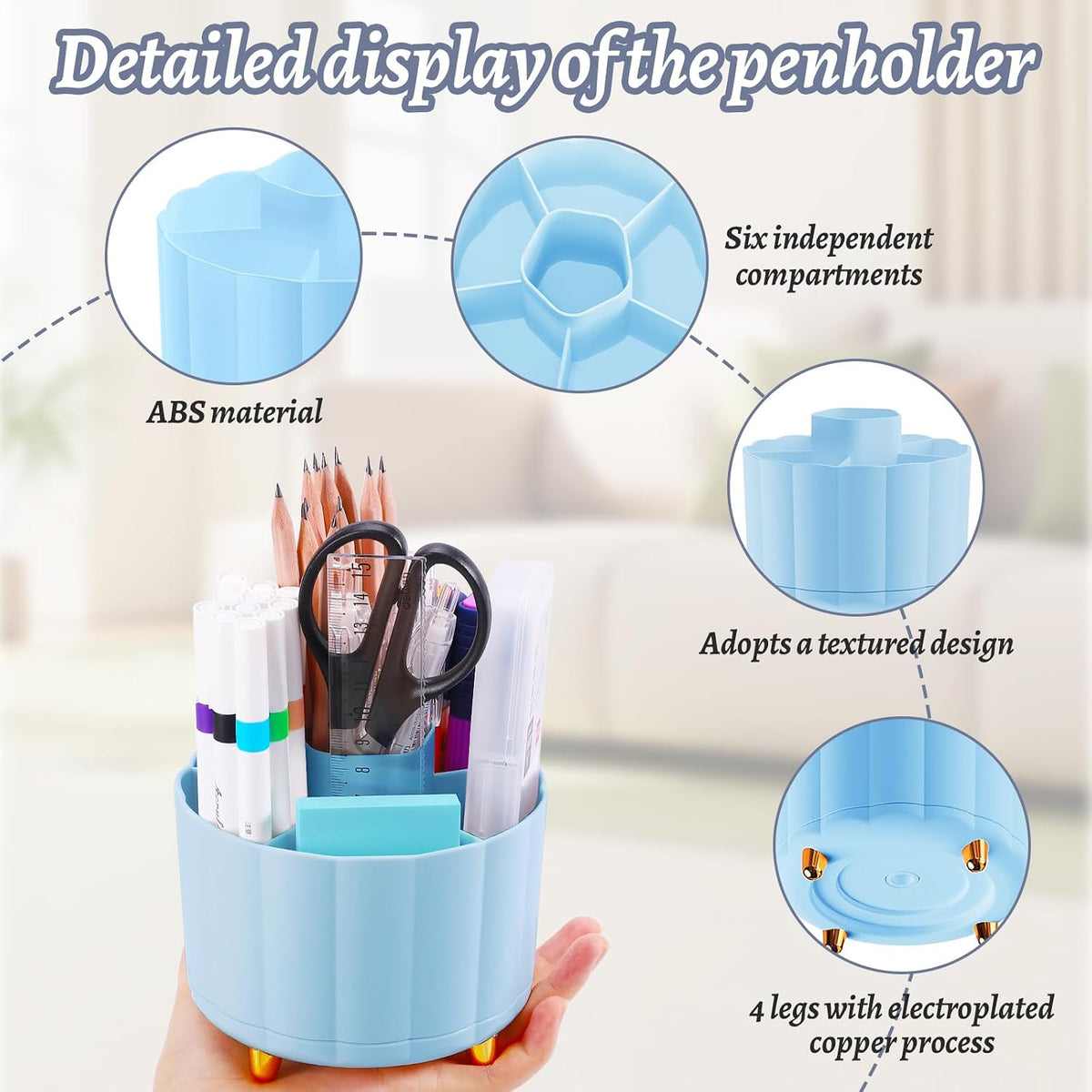 360 Rotating Pencil Pen Holder for Desk, White Pen Organizer with 6 Slots, Cute Office Supplies, Desk Accessories for Office, School, Home