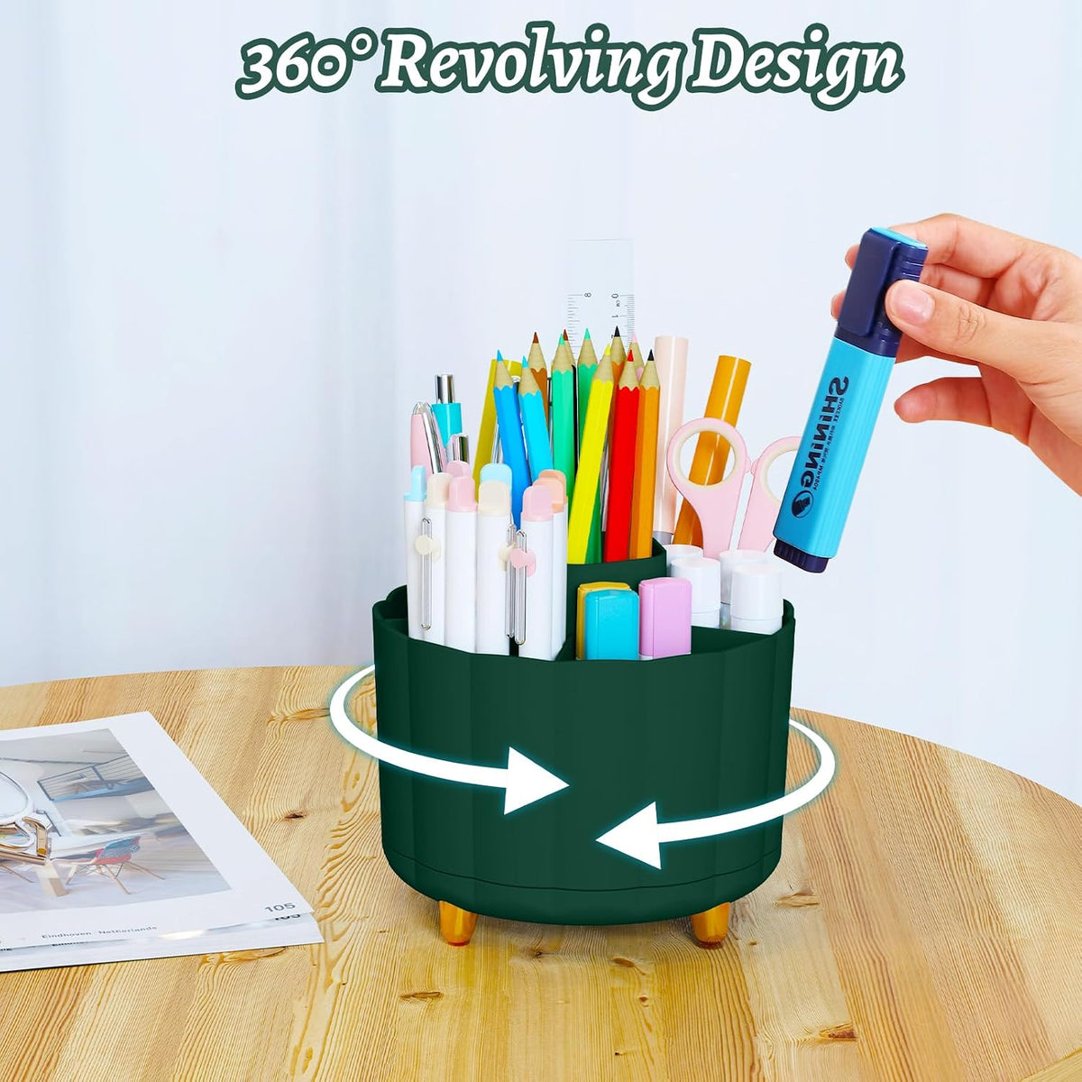 360 Rotating Pencil Pen Holder for Desk, White Pen Organizer with 6 Slots, Cute Office Supplies, Desk Accessories for Office, School, Home