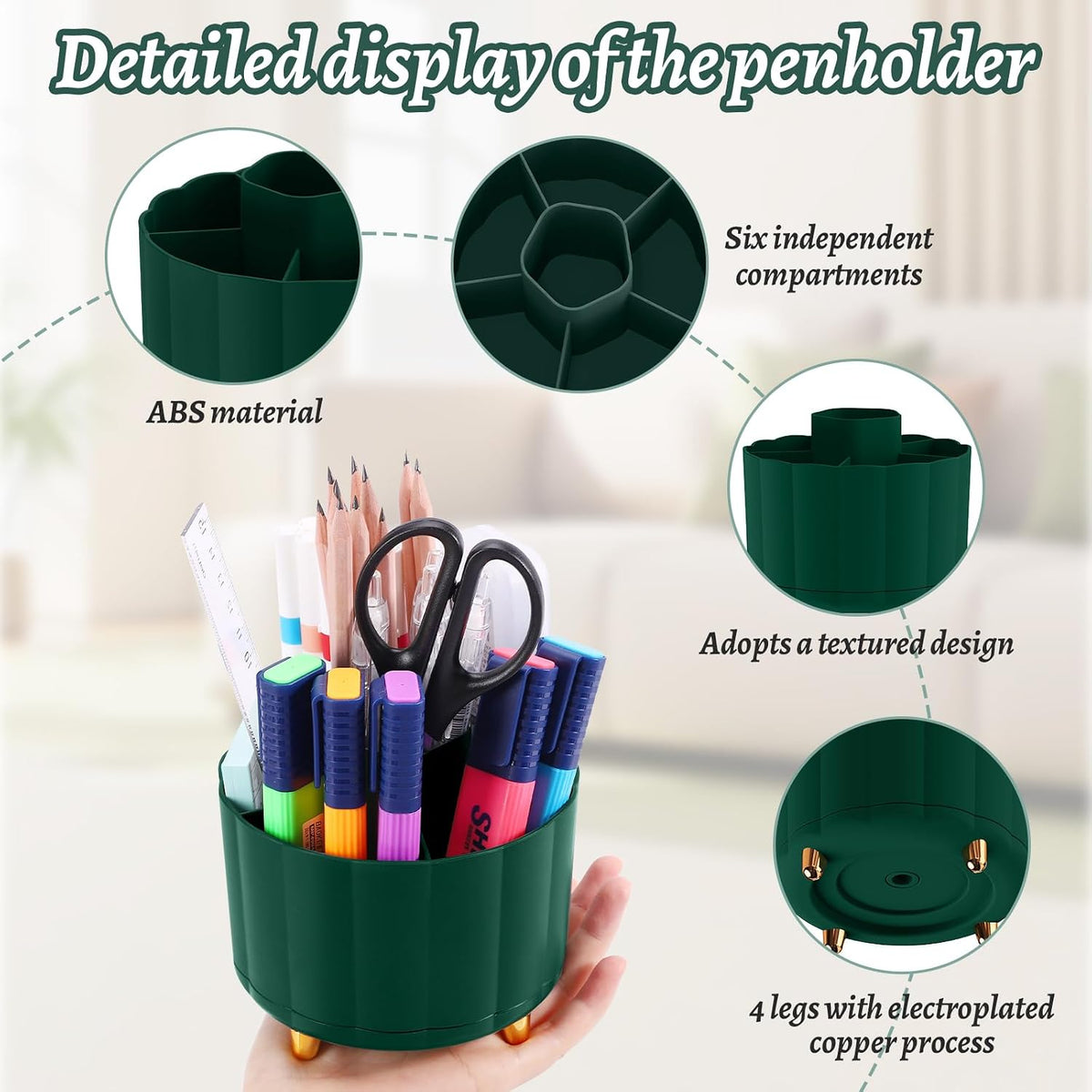 360 Rotating Pencil Pen Holder for Desk, White Pen Organizer with 6 Slots, Cute Office Supplies, Desk Accessories for Office, School, Home