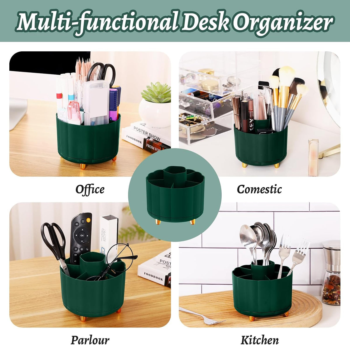 360 Rotating Pencil Pen Holder for Desk, White Pen Organizer with 6 Slots, Cute Office Supplies, Desk Accessories for Office, School, Home