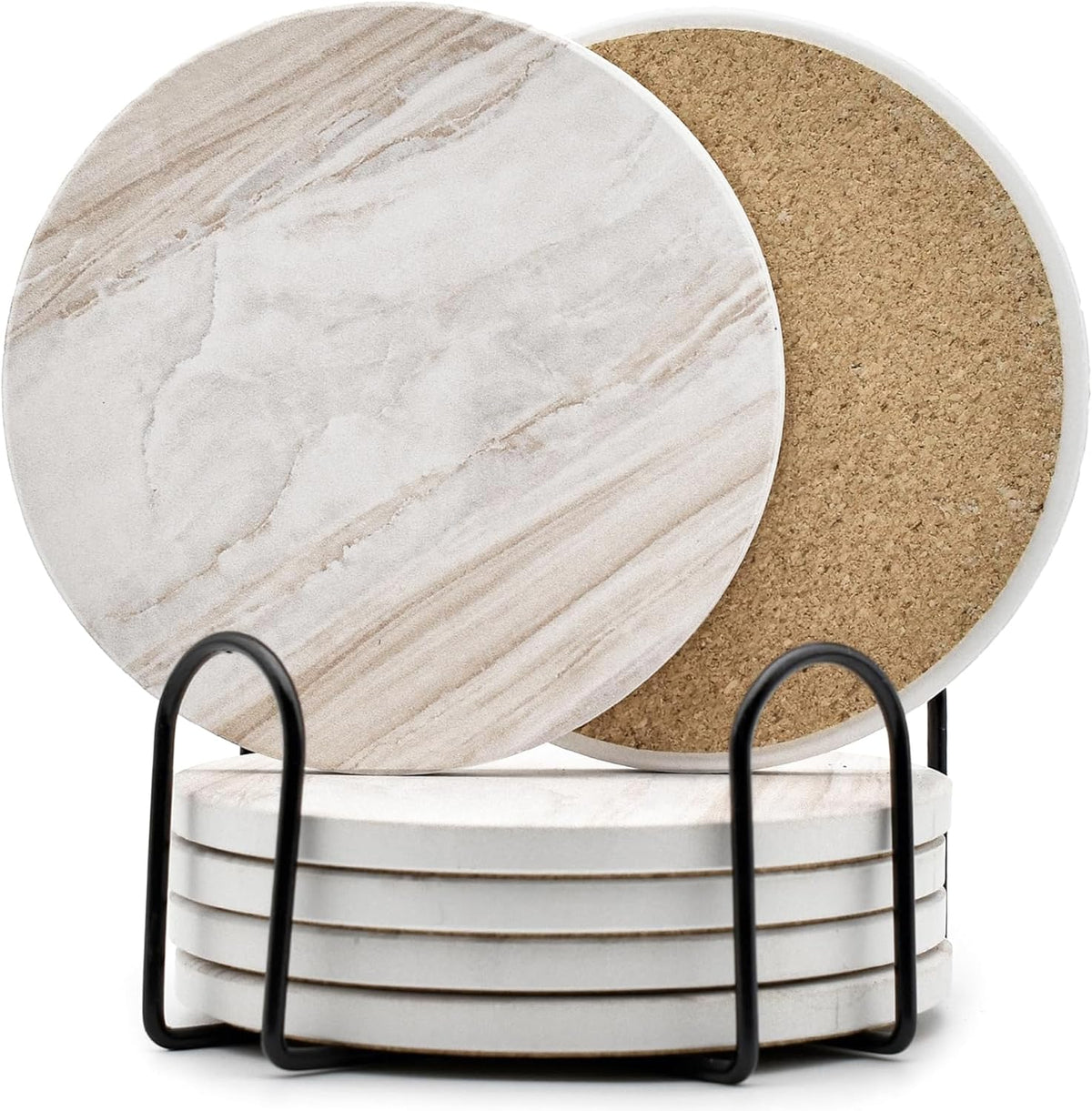 6Pcs Absorbent Coasters Set with Holder,Ceramic Drink Coaster,4 in（A1）