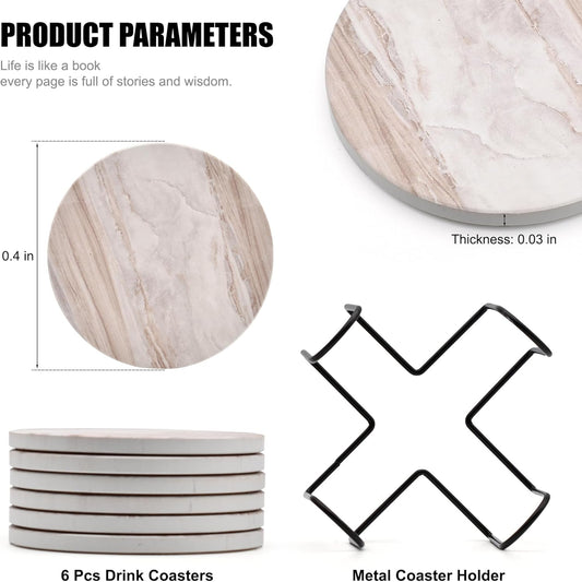 6Pcs Absorbent Coasters Set with Holder,Ceramic Drink Coaster,4 in（A1）