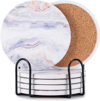6Pcs Absorbent Coasters Set with Holder,Ceramic Drink Coaster,4 in（A1）