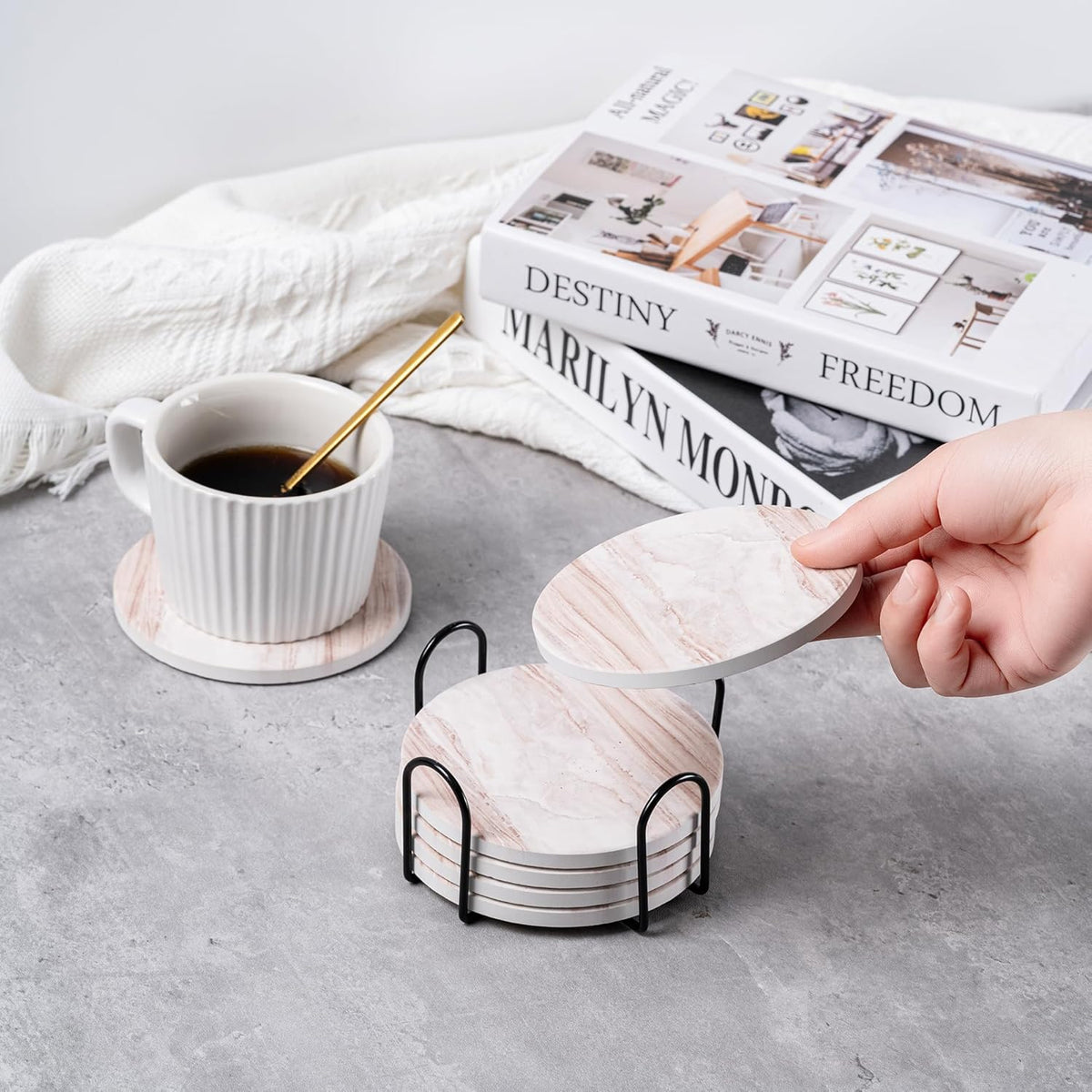 6Pcs Absorbent Coasters Set with Holder,Ceramic Drink Coaster,4 in（A1）