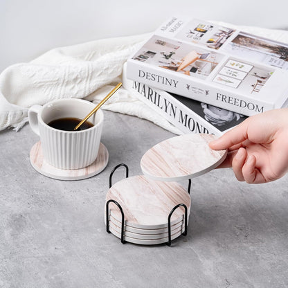 6Pcs Absorbent Coasters Set with Holder,Ceramic Drink Coaster,4 in（A1）