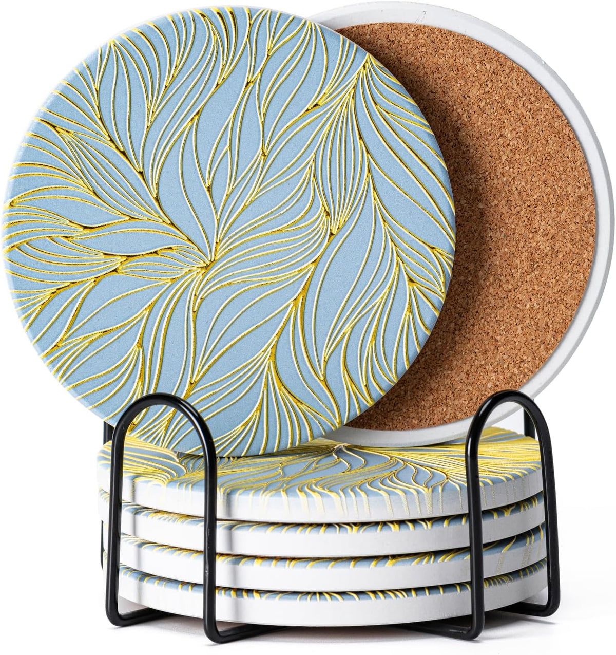 6Pcs Absorbent Coasters Set with Holder,Ceramic Drink Coaster,4 in（A1）