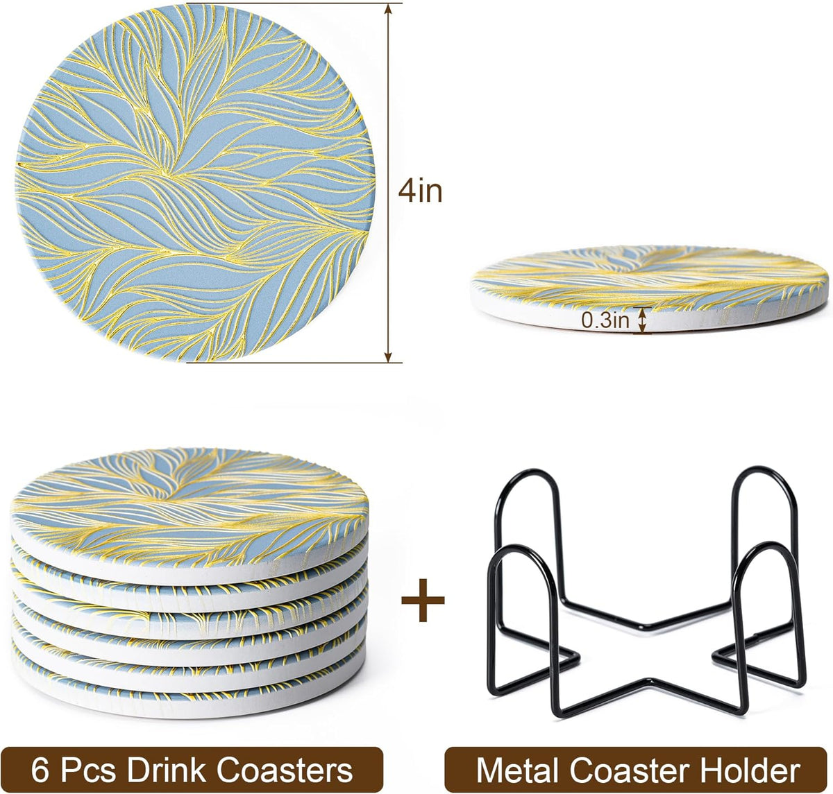 6Pcs Absorbent Coasters Set with Holder,Ceramic Drink Coaster,4 in（A1）
