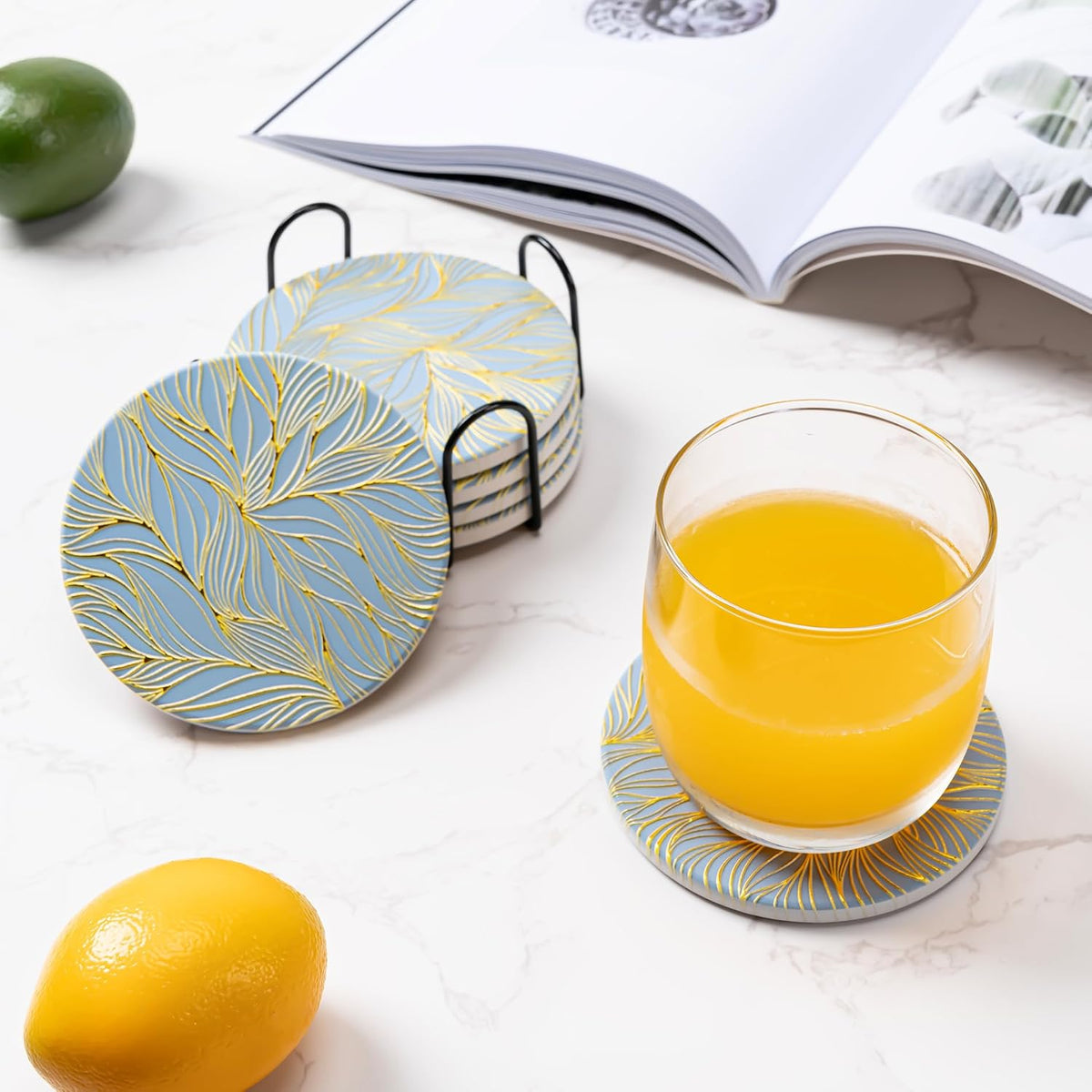 6Pcs Absorbent Coasters Set with Holder,Ceramic Drink Coaster,4 in（A1）