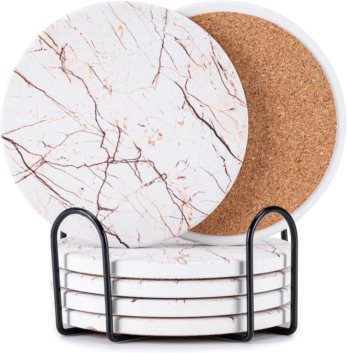 6Pcs Absorbent Coasters Set with Holder,Ceramic Drink Coaster,4 in（A1）