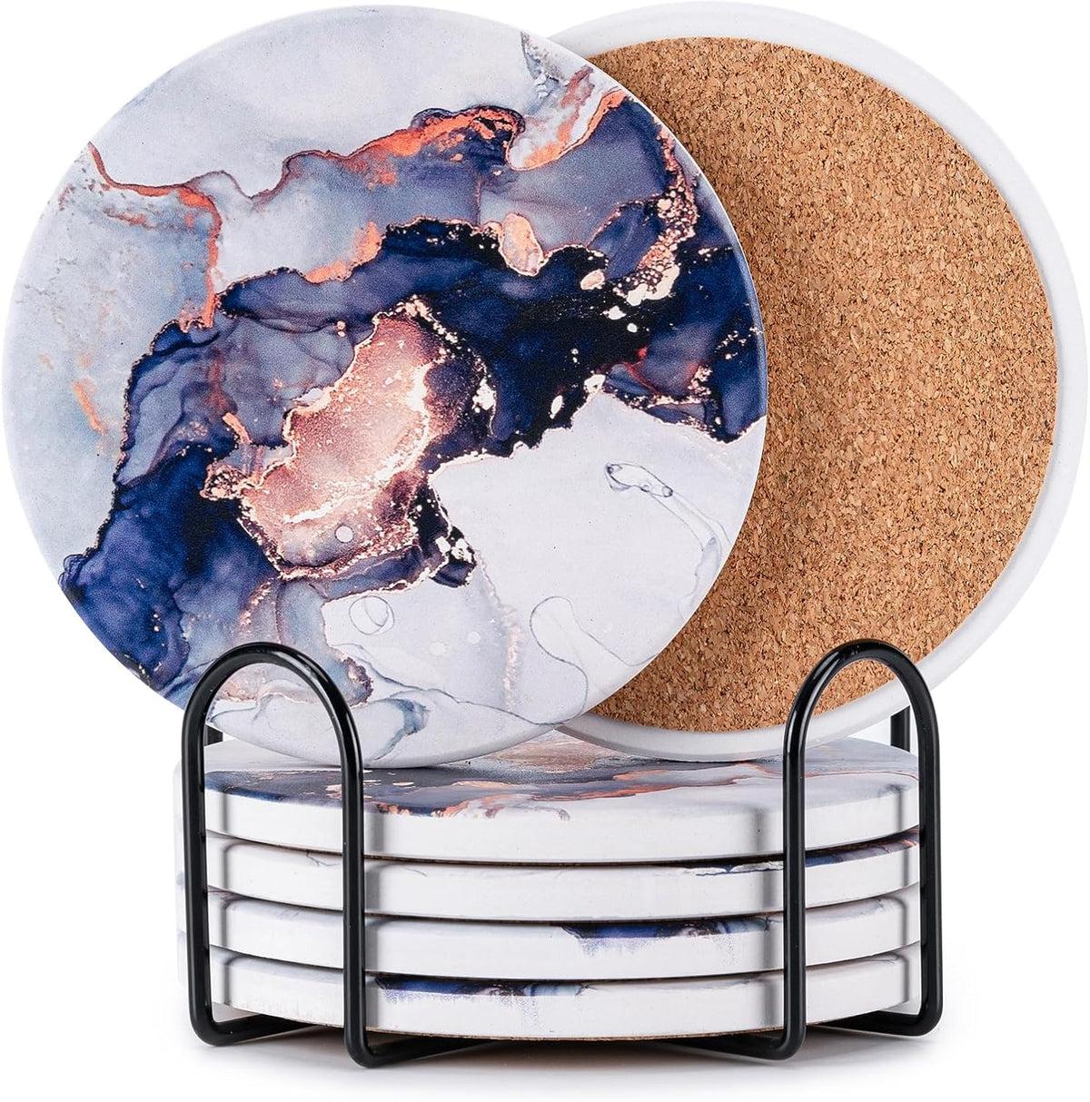 6Pcs Absorbent Coasters Set with Holder,Ceramic Drink Coaster,4 in（A1）
