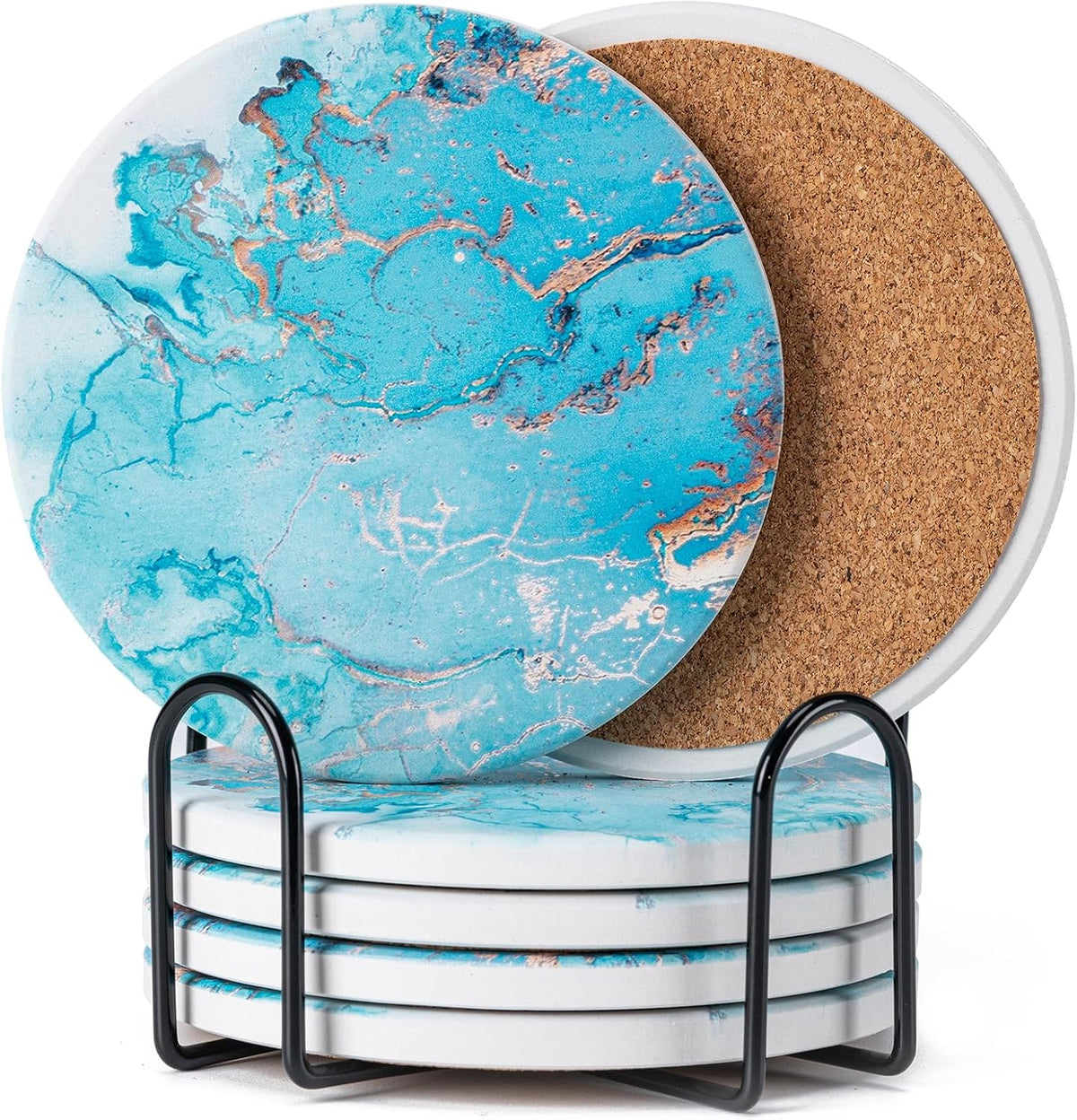 6Pcs Absorbent Coasters Set with Holder,Ceramic Drink Coaster,4 in（A1）