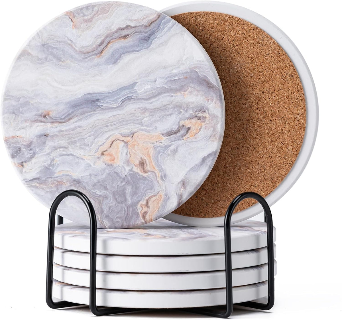 6Pcs Absorbent Coasters Set with Holder,Ceramic Drink Coaster,4 in（A1）