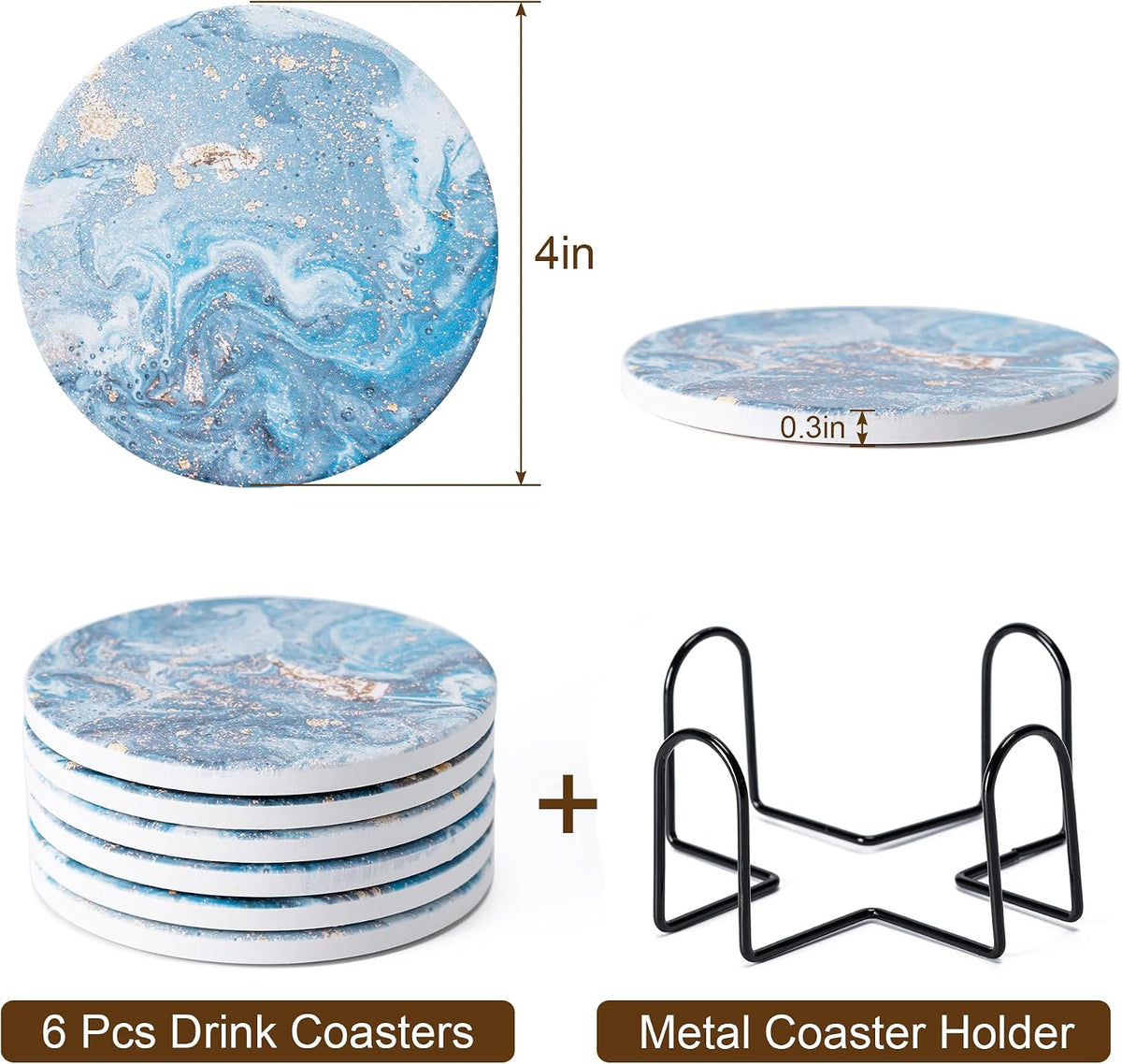 6Pcs Absorbent Coasters Set with Holder,Ceramic Drink Coaster,4 in（A1）