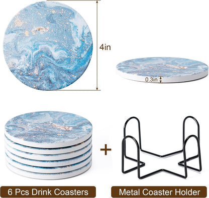 6Pcs Absorbent Coasters Set with Holder,Ceramic Drink Coaster,4 in（A1）