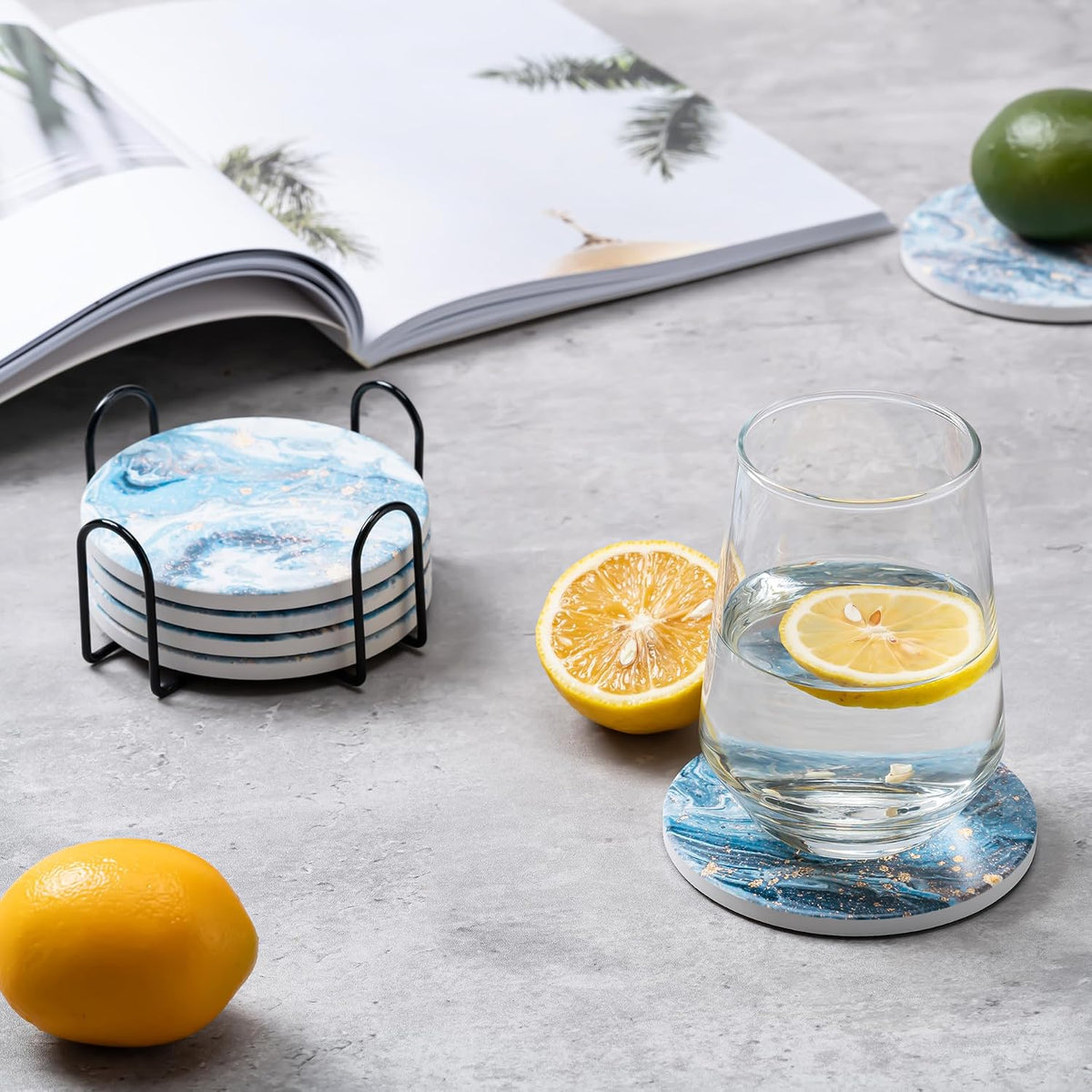 6Pcs Absorbent Coasters Set with Holder,Ceramic Drink Coaster,4 in（A1）
