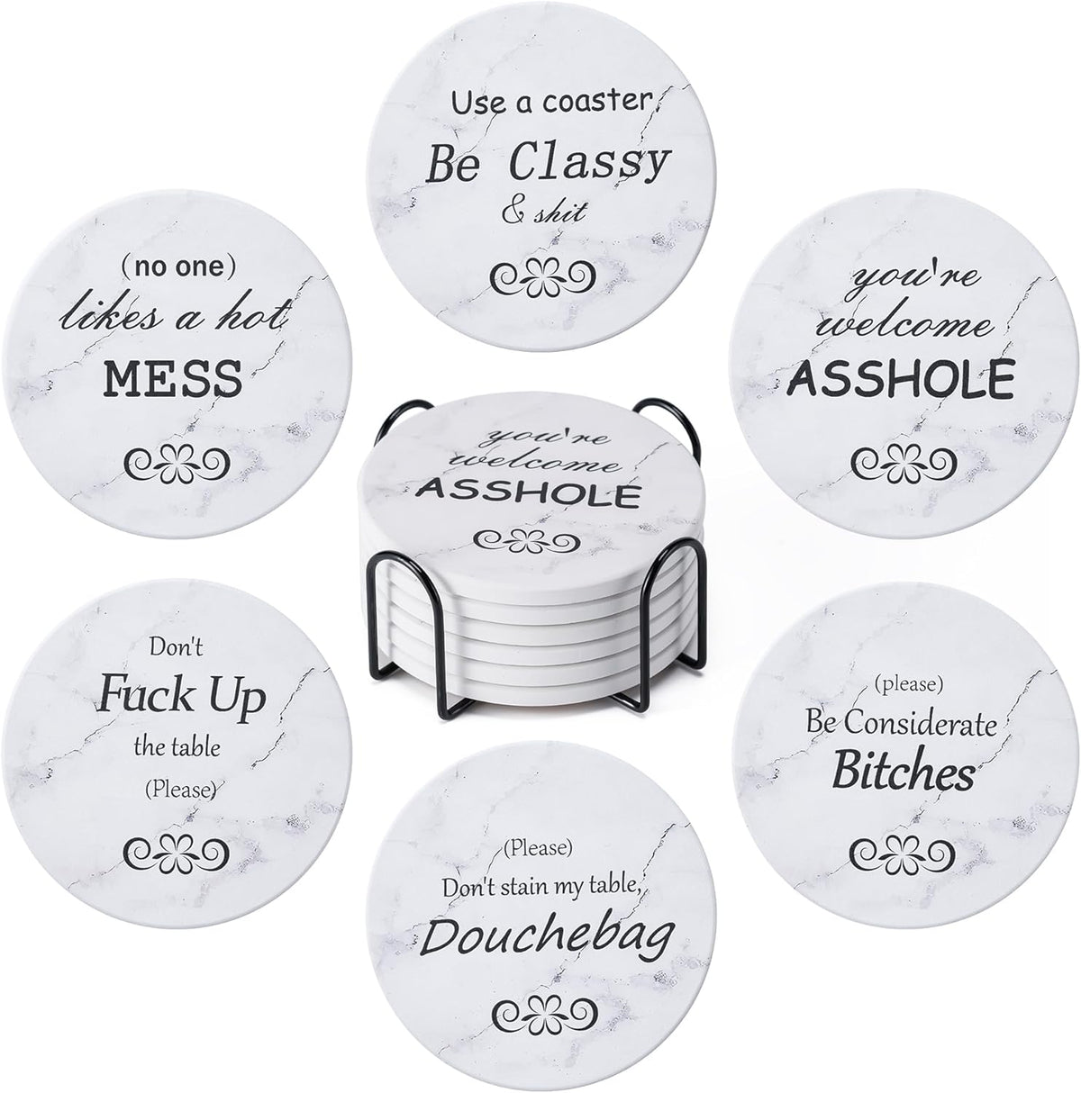 6Pcs Absorbent Coasters Set with Holder,Ceramic Drink Coaster,4 in（A1）
