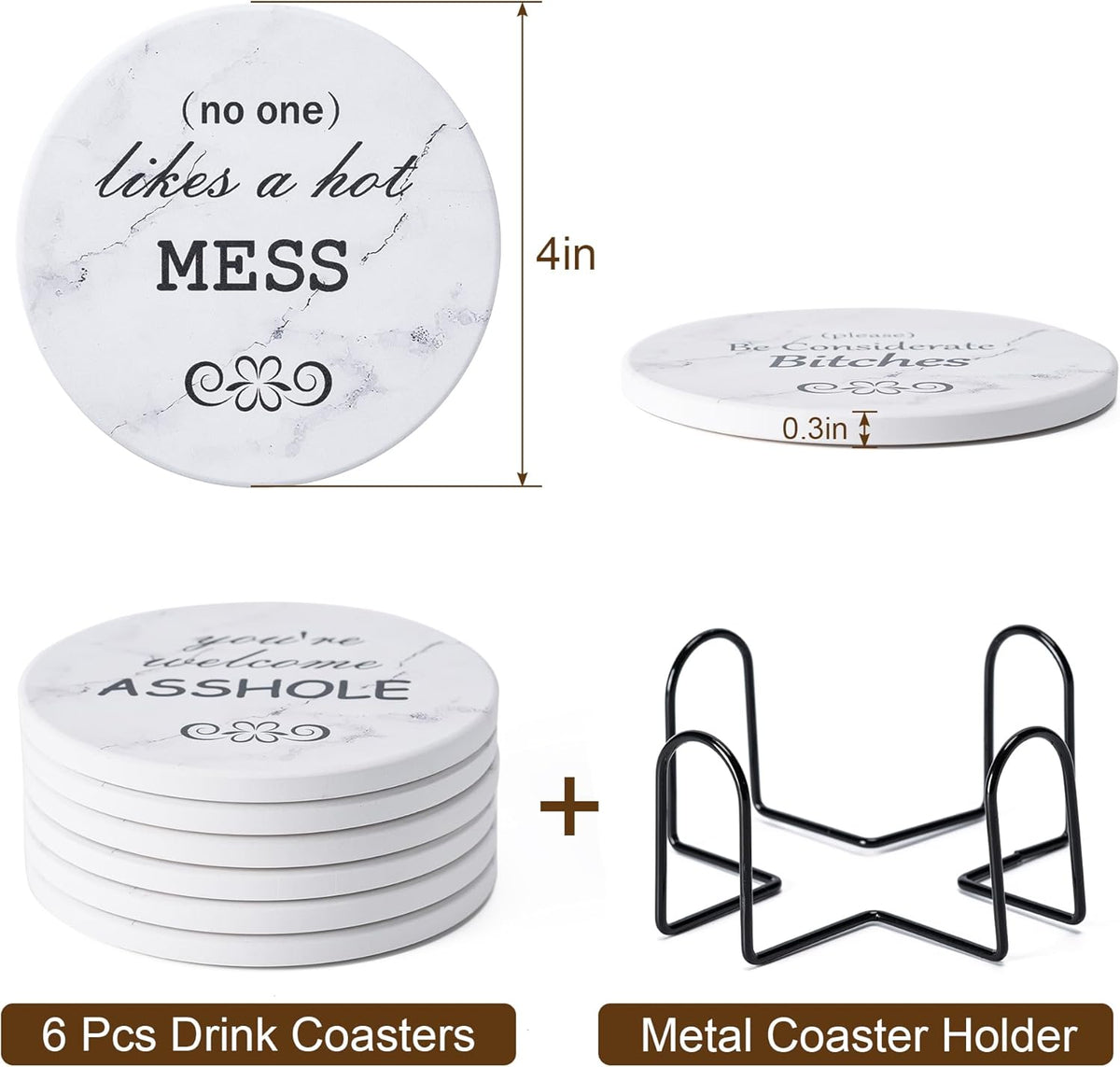 6Pcs Absorbent Coasters Set with Holder,Ceramic Drink Coaster,4 in（A1）