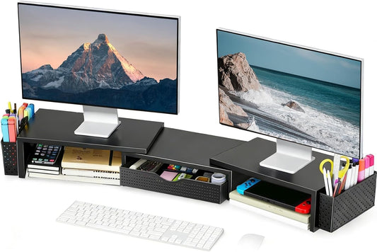 Dual Monitor Stand Riser with Drawer and 2 Pen Holders