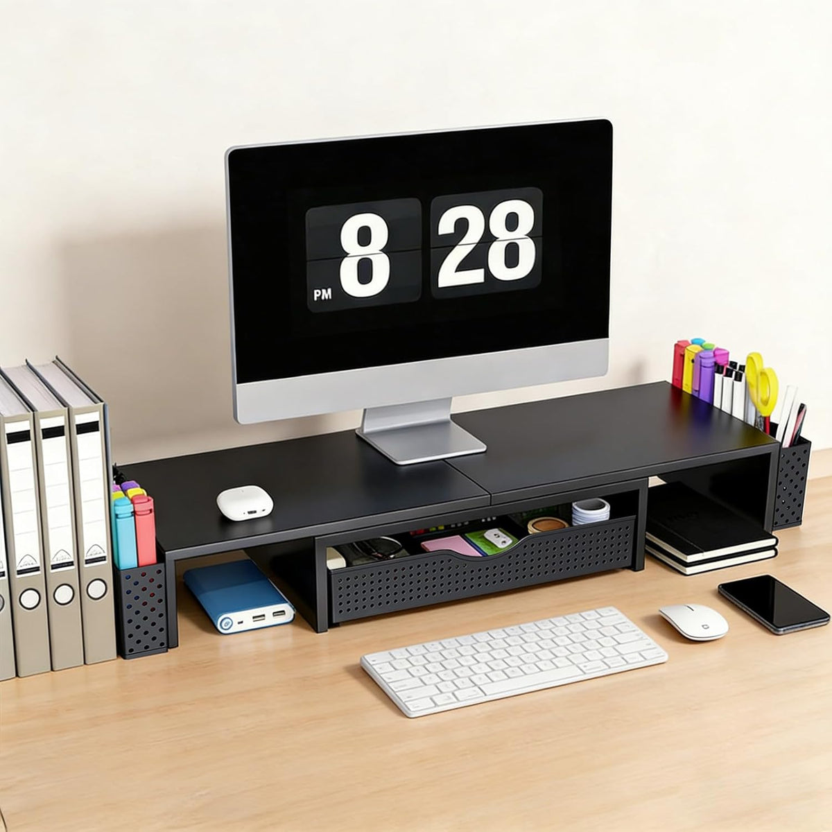 Dual Monitor Stand Riser with Drawer and 2 Pen Holders