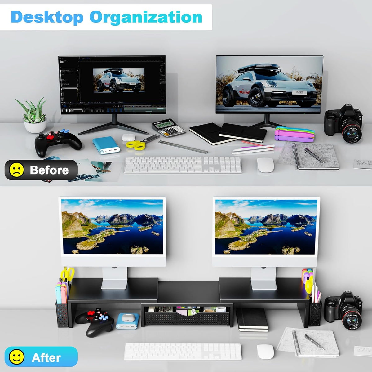 Dual Monitor Stand Riser with Drawer and 2 Pen Holders