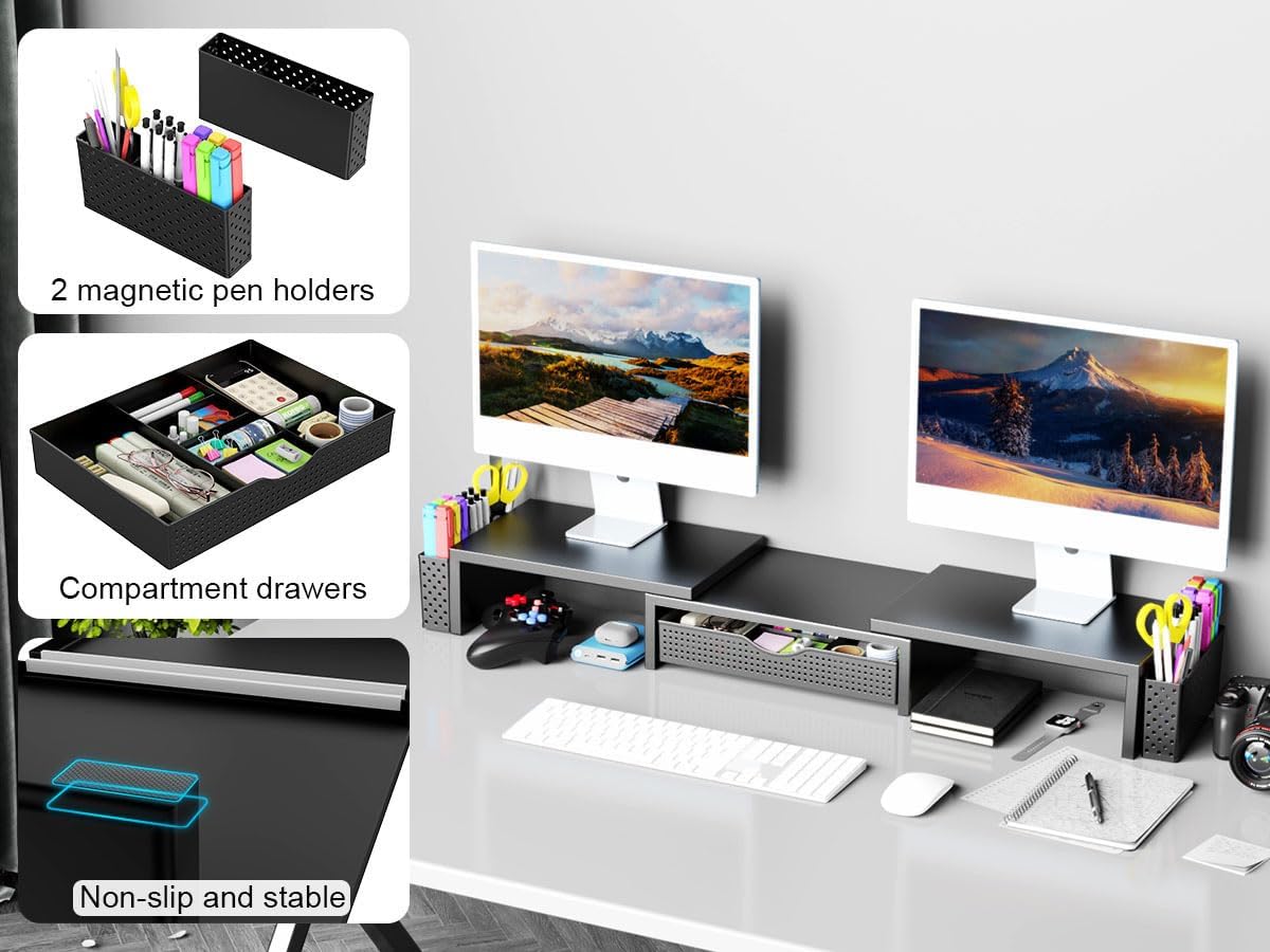 Dual Monitor Stand Riser with Drawer and 2 Pen Holders