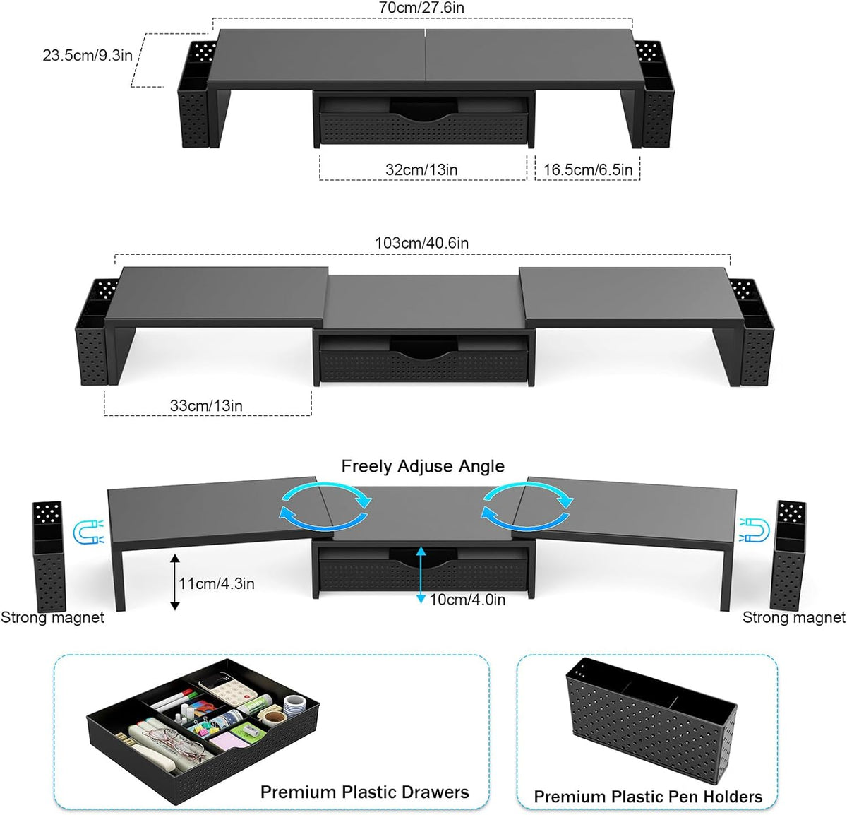 Dual Monitor Stand Riser with Drawer and 2 Pen Holders