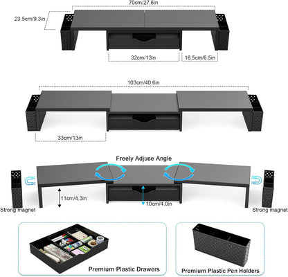 Dual Monitor Stand Riser with Drawer and 2 Pen Holders