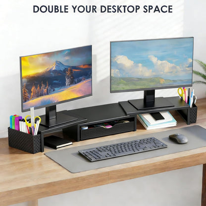 Dual Monitor Stand Riser with Drawer and 2 Pen Holders
