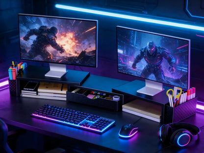 Dual Monitor Stand Riser with Drawer and 2 Pen Holders