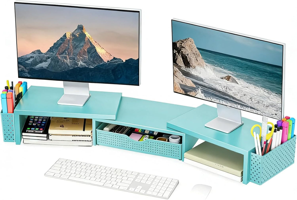 Dual Monitor Stand Riser with Drawer and 2 Pen Holders
