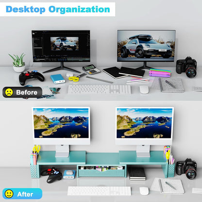 Dual Monitor Stand Riser with Drawer and 2 Pen Holders